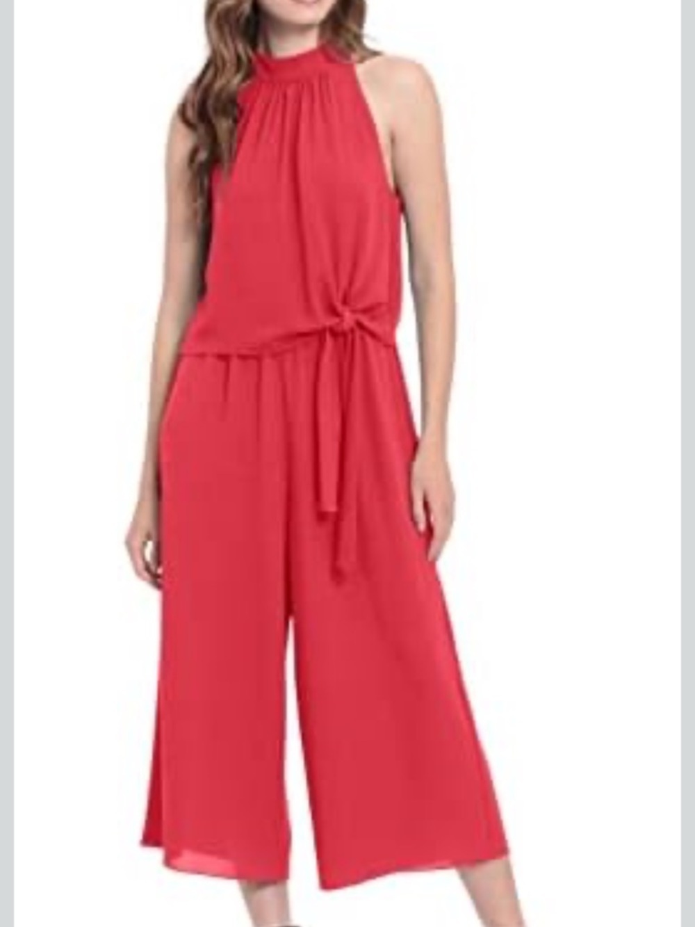 London Times Red Sleeveless Halter Wide-Leg Cropped Jumpsuit - Picture 2 of 8